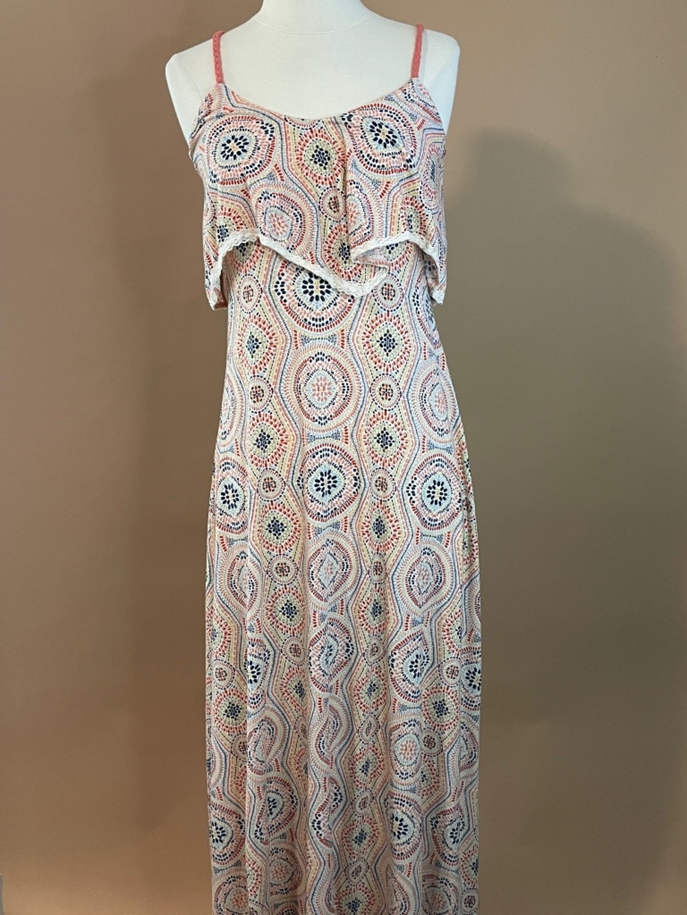 Xhilaration XS Boho Maxi Dress Mosaic Print Braided Straps Lace Trim Flowy